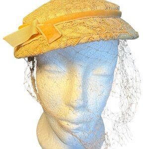 Vintage Yellow Lace Women's Hat with Bow